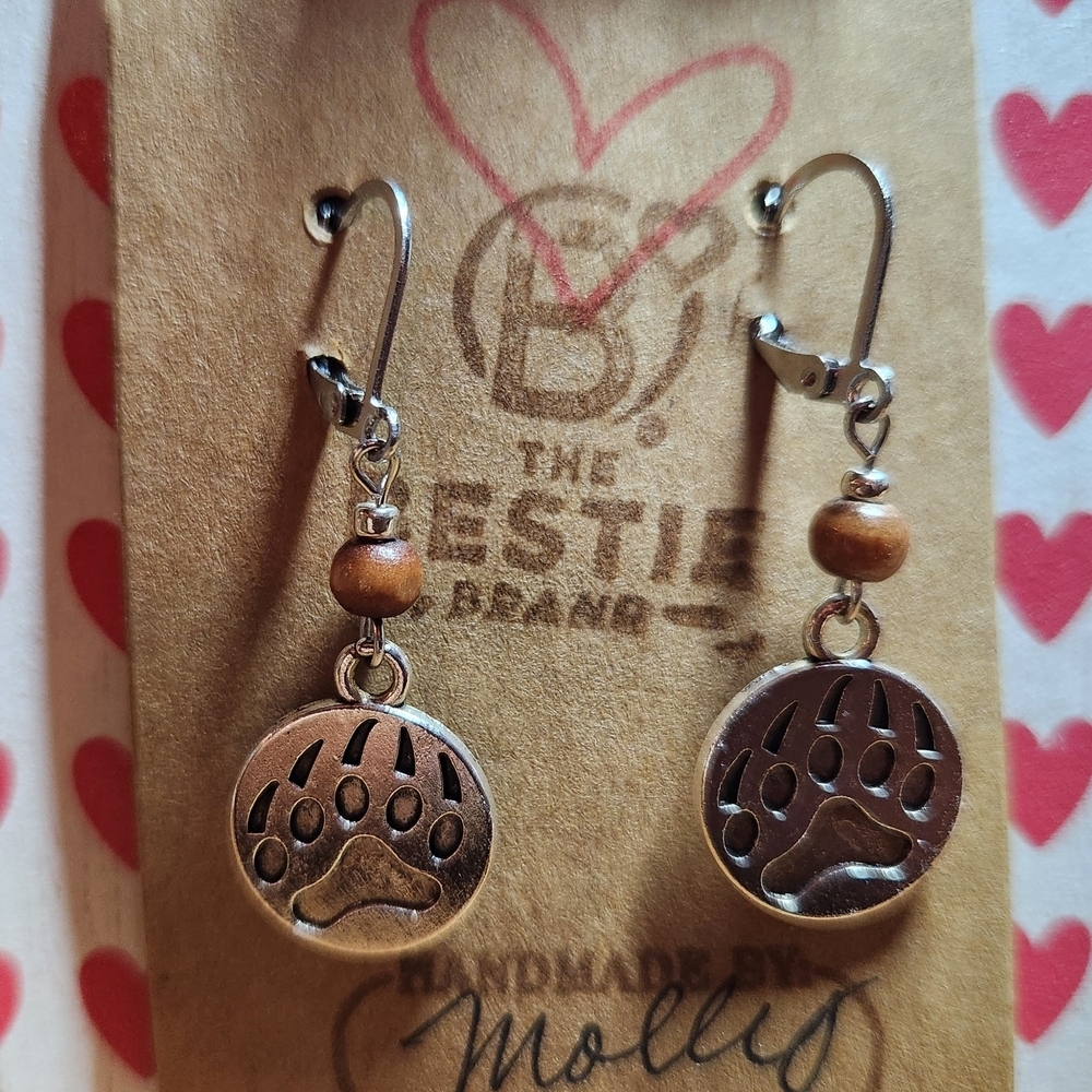 Handmade Silver Color Brown Wooden Beaded Bear Paw Print Charm Dangle Earrings - Picture 2 of 2